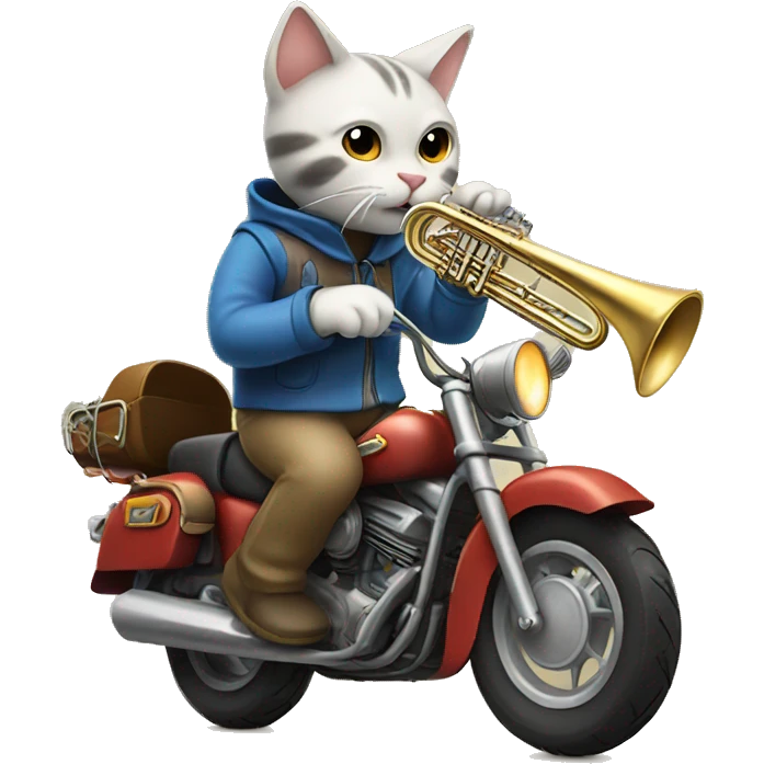 Cat riding a motorcycle playing a trombone emoji