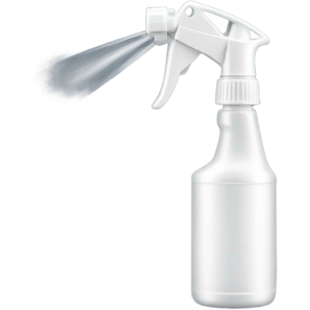 A handheld plastic spray bottle with a transparent container, with a long metal nozzle and a white handle emoji