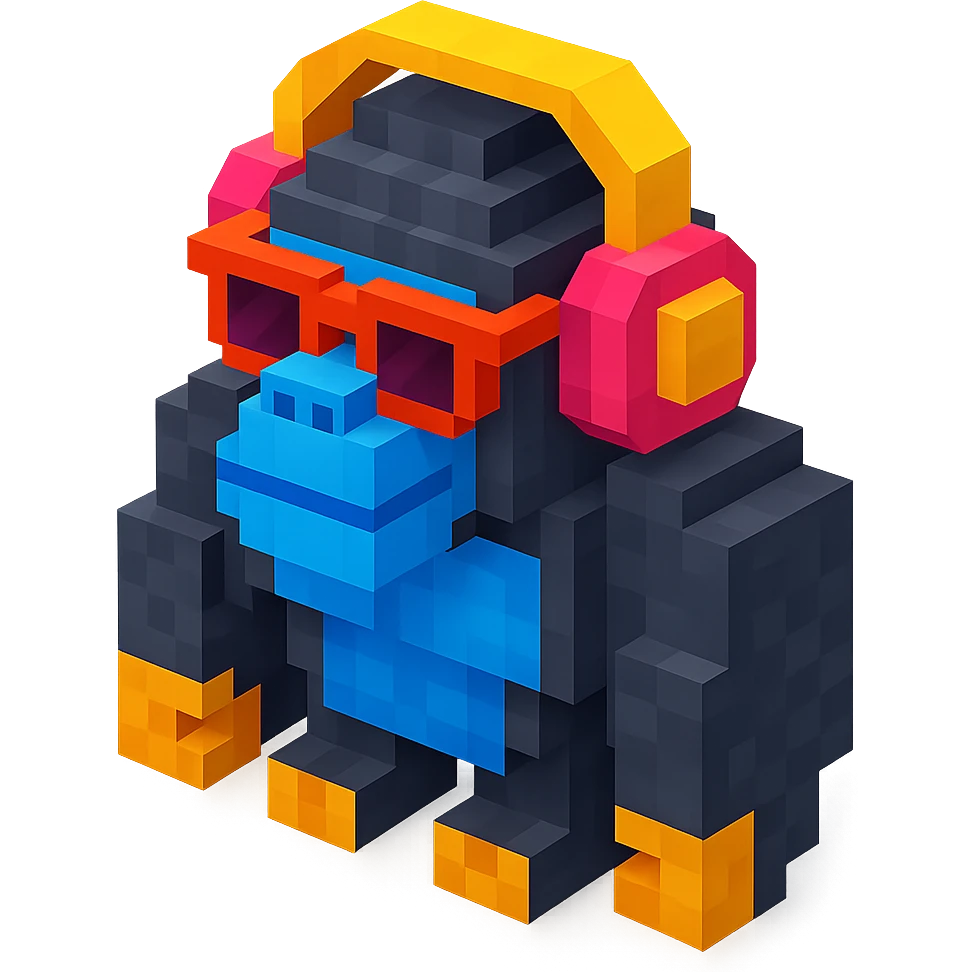 voxel style gorilla with sunglasses and headphones, isometric view emoji
