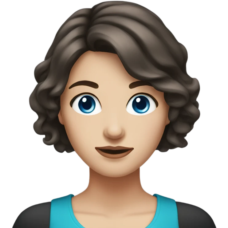 white woman with medium-length dark brown hair, blue eyes round face, unilips emoji
