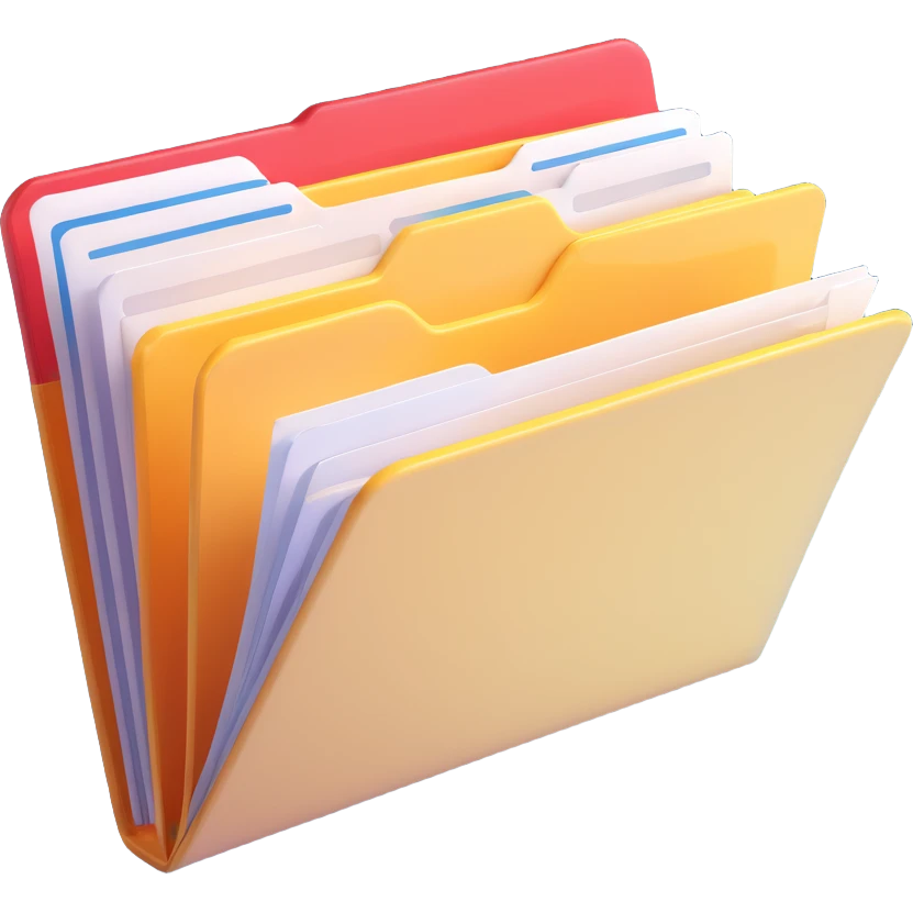 3D style folder, slightly open with visible documents sticking out, clean and simple design, bright lighting emoji