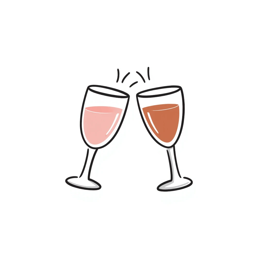 a pair of elegant goblets or wine glasses clinking together, pastel colors dd9fb0, ffc6d3, a3bfc9, c4bee2, f1b091, detailed hand-drawn doodle style emoji