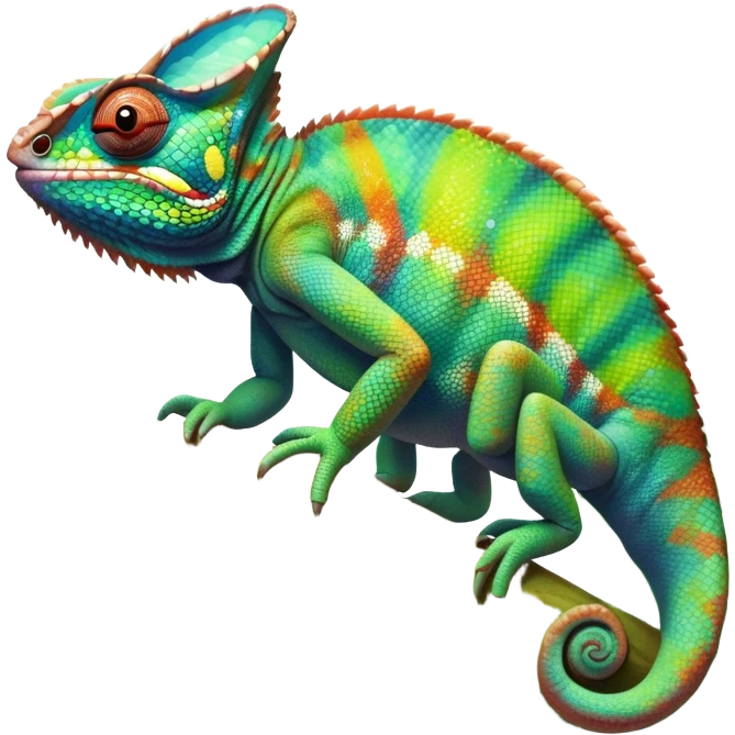 Giant chameleon on a branch, blending with vibrant greenery. Detailed scales in shifting colors, showing the chameleon’s ability to camouflage. Soft natural light highlights its texture. Nature background with leafs aтв адщцукы. Lush jungle background with vivid foliage, transparent background. emoji