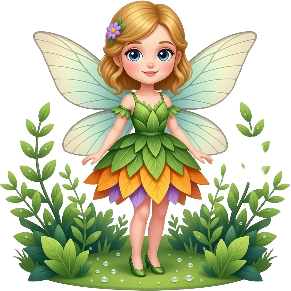 An elegant garden fairy in a green and orange color palette, with delicate translucent wings, a flowing leaf-and-petal dress, rosy cheeks, and tiny lilac accents. emoji