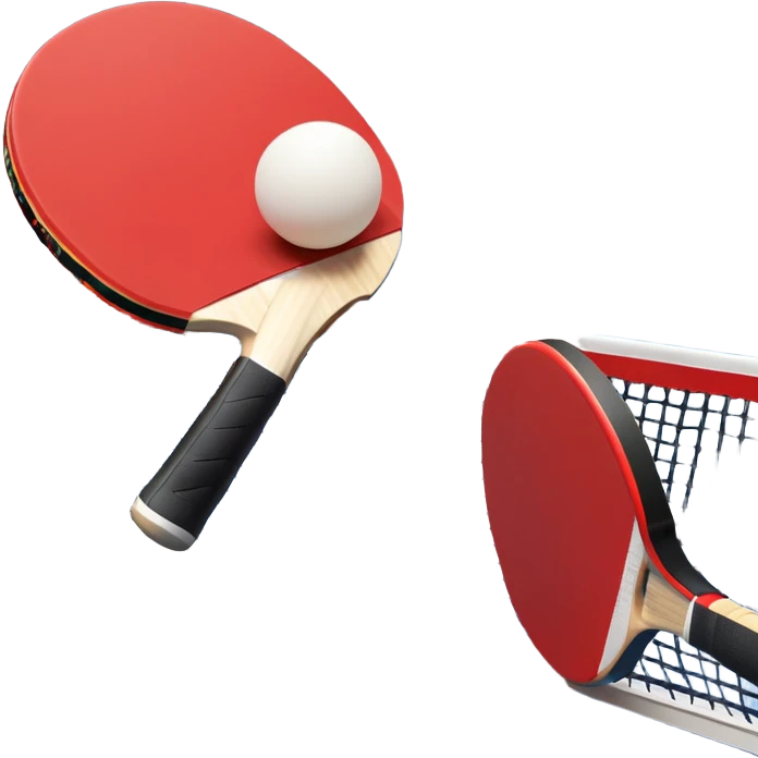 Two table tennis paddles and a ball placed on a ping pong table, with the net in the background. The scene conveys the simplicity and focus of the sport, with vibrant colors highlighting the rackets and ball on the smooth surface of the table. emoji