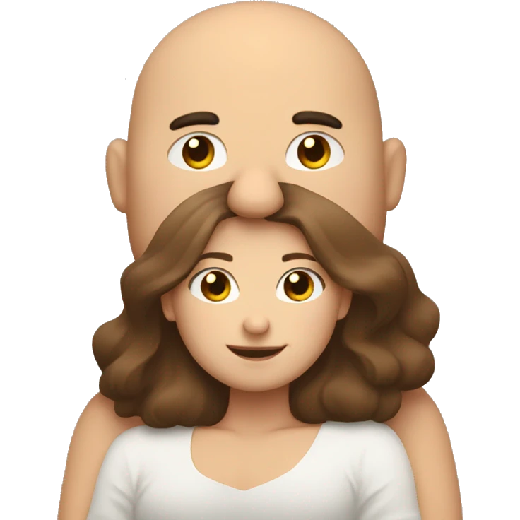 Long brown hair girl hugging bald chubby guy emoji
