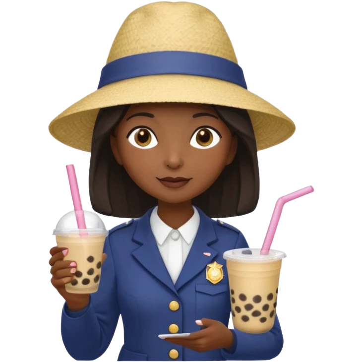 A Mysterious Elderly Female with Dark skin and Straight hair, wearing a Uniform outfit, a Sunhat, No glasses, carrying a Enchanted staff, working as a scientist, while drinking Bubble tea and reading a Journal. emoji