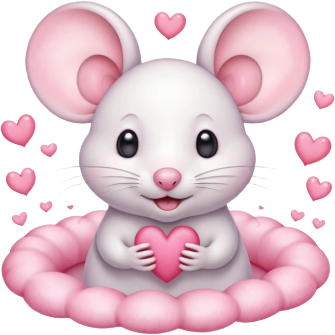 This is a cute watercolor illustration of a small, white cartoon mouse with large, round, pink-lined ears. The mouse has heart-shaped eyes, a small open mouth, and is surrounded by floating pink hearts, conveying a feeling of love, adoration, or strong affection. emoji