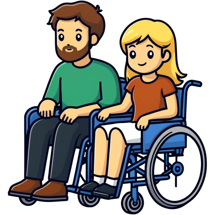 Brown haired man in a wheel chair with a beard with blonde haired mom emoji