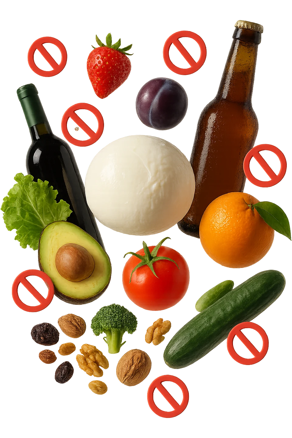 mozzarella, frutta legumi, frutta secca, birra e vino realistici fluttuano in aria con piccoli divieti 3d, IPERREALISTICO 4K emoji