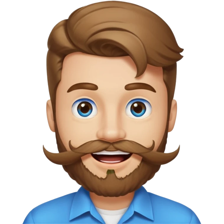 25 year old man, manicured beard, moustache and flavor savor, brown puffy mullet, blue eyes, big smile, white teeth, big lips, pronounced jaw emoji
