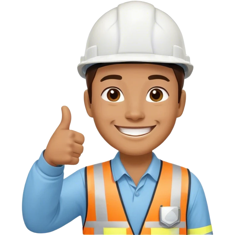 pria karyawan konstruksi menggunkan helmet putih berseragam biru langit berlengan panjang dan tersenyum dan mengacungkan jempol emoji