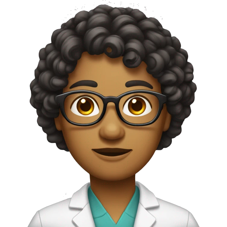 Dessine-moi une doctoresse avec de longs cheveux noirs, des yeux noirs ondulés et des larges lunettes marrons. emoji