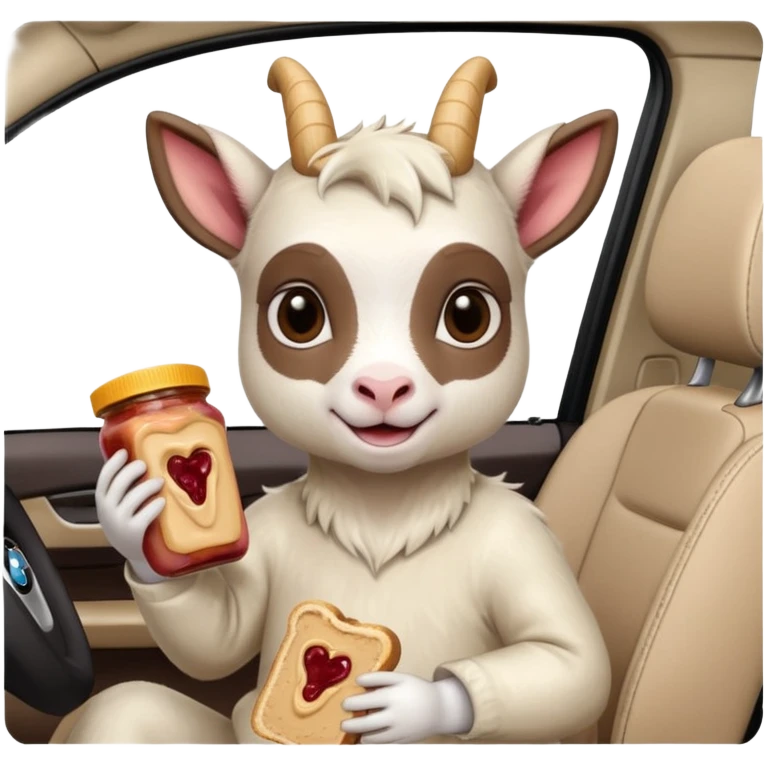 cute baby goat eating peanut butter and jelly driving in a bmw x1, holding a peanut butter and jelly in hand emoji