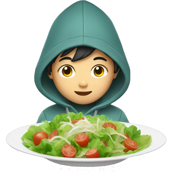 asian boy in hoodie eating salad  emoji