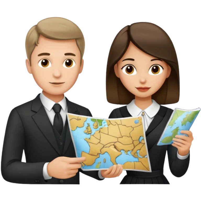 Russian man and elegant Spanish girl in elegant outfits with a map planning  emoji
