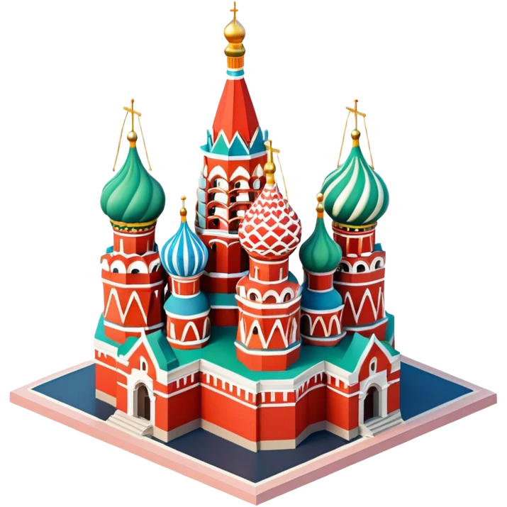 Isometric illustration of Moscow, featuring Saint Basil's Cathedral with its colorful onion domes, Red Square elements, in miniature diorama style, soft shadows and pastel colors. emoji