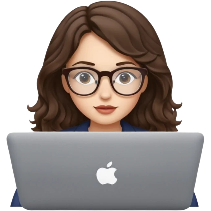 Girl wearing glasses, wavy brunette, studying with macbook emoji