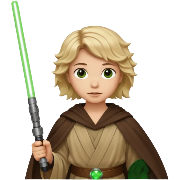 Young jedi with sandy blonde wavy short hair holding a green light saber, he has brown eyes emoji