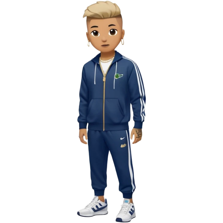 Capelli rasati ai lati con sfumatura, sopra corti e fissati con gel. Look curato e deciso. Indossa tuta firmata (Nike, Adidas, Lacoste, EA7) o jeans skinny, scarpe vistose come Air Force 1. Sempre presenti borsello a tracolla e collana d’oro E tatuaggi d’appertutto emoji