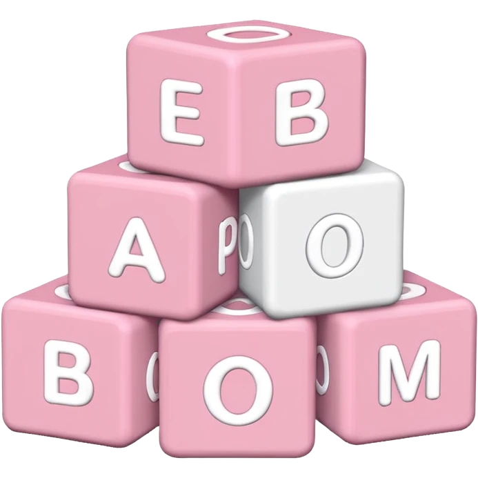 three Light pink and white toy alphabet blocks stacked with different letters emoji