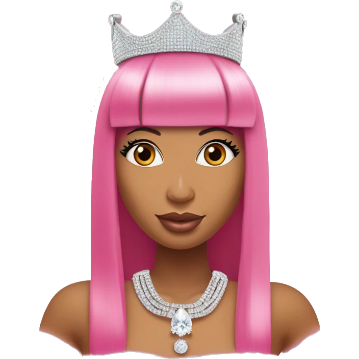 Nicki Minaj with a long straight pink bob and bangs and a diamond chain that says “queen”. She he’s a crown on her head  emoji