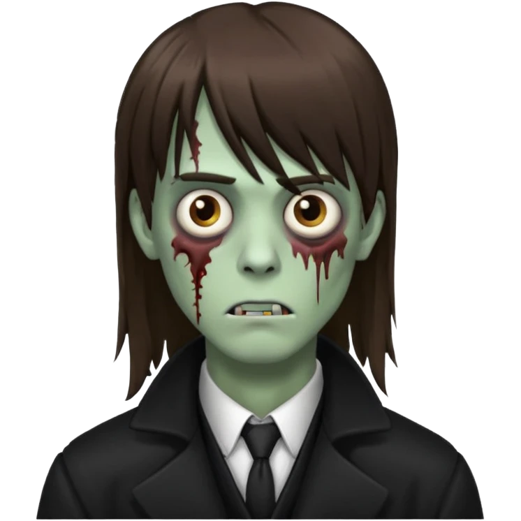 Zombie, emo guy with dark circles under his eyes and long brown hair with straight bangs, in a black long
 emoji