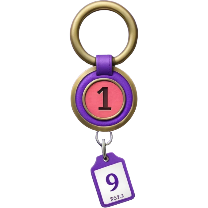 antique brass hotel key with large purple leather room number tag emoji