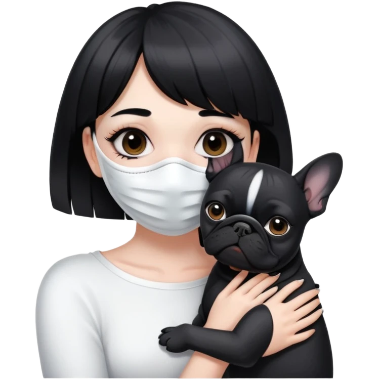 girl with short black straight bangs hair wearing a white mask and hugging a black French bulldog emoji