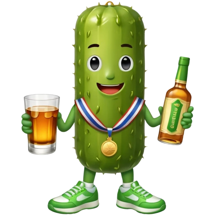 Pickle wearing gold medal with sneakers on holding two shots of whiskey emoji
