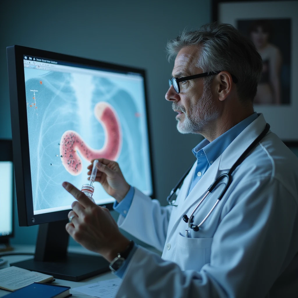 realistic doctor showing patient fecal analysis result with presence of parasites, monitor with enlarged image emoji