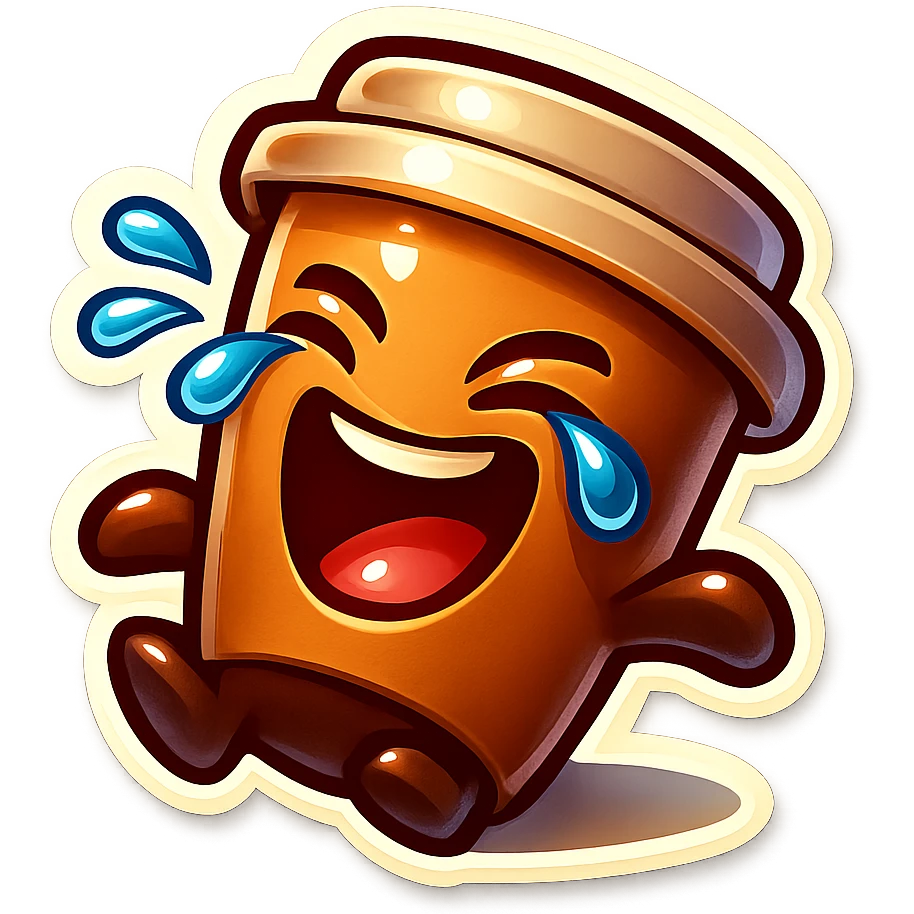 Tall coffee cup, laughing hard, tears in eyes, fallen over, dramatic laugh emoji