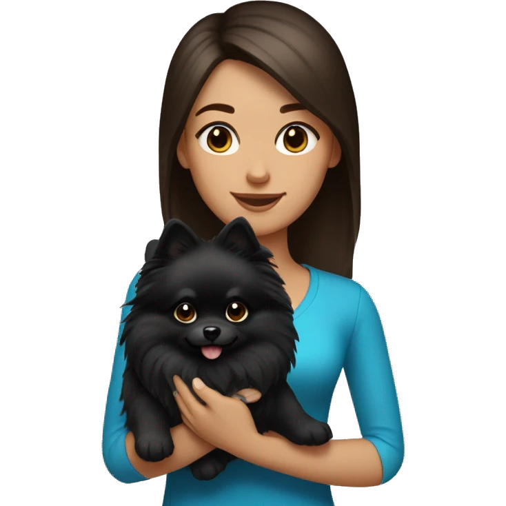A brunette with light highlights and blue eyes holds a black pomeranian in her hands emoji