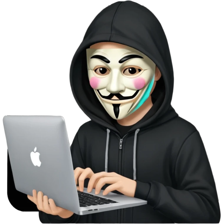 guy fawkes mask black hoodie typing on macbook emoji