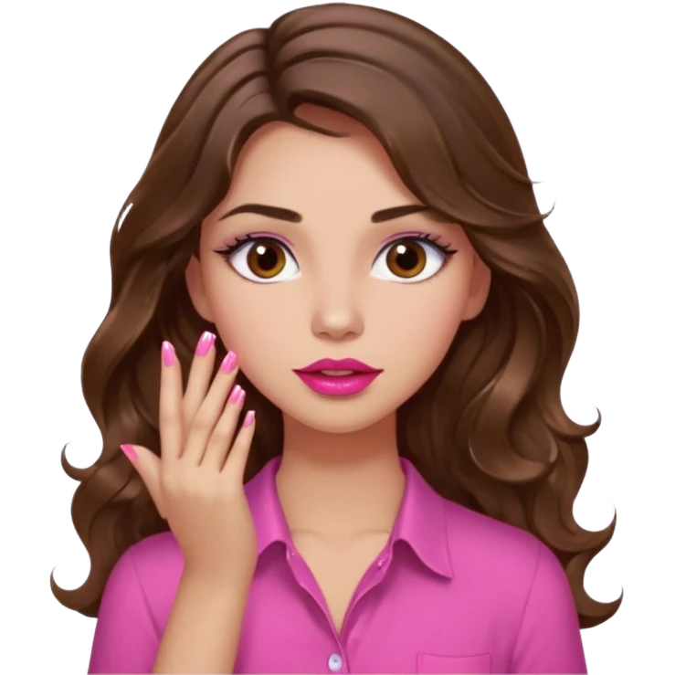 girl with long wavy brown hair, brown eyes, light to medium complexion, in a pink shirt, pink lips, long lashes, puckered lips, showing off painting nails emoji