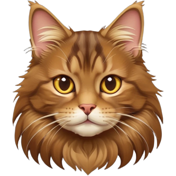 cinematic-cute brown-maine-coon-cat-portrait-emoji,-head-tilted-playfully-and-inquisitively,-sleek--brown-and-gold-tones-with-hints-of-deep-auburn-fur,-simplified-yet-adorable-features,-highly-detailed,-glowing-with-a-warm,-friendly-glow  emoji
