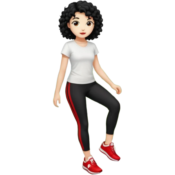 generate a pretty bratz fair skinned girl with curly black hair wearing a white tshirt trekking on a hill with red sneakers on and black leggings. Show HILLS emoji