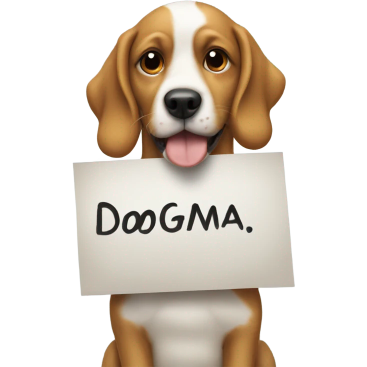 Dog holding a sign saying dogma emoji