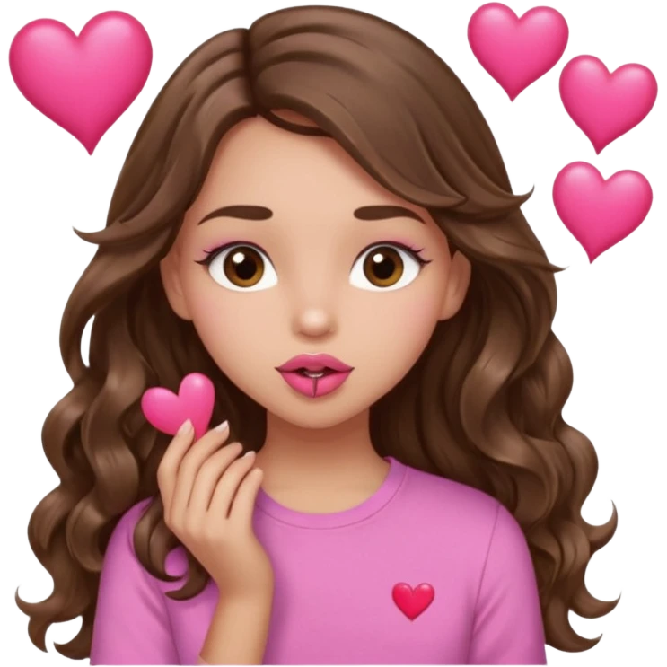 girl with long wavy brown hair, brown eyes, light to medium complexion, in a pink shirt, pink lips, long lashes, puckering up for a kiss, many  hearts in hand emoji