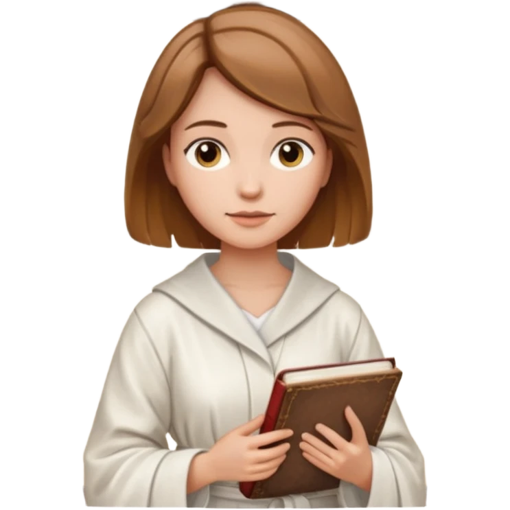 Девушка с короткими волосами до плеч русого цвета, у неё белый халат, в руках она держит книгу emoji