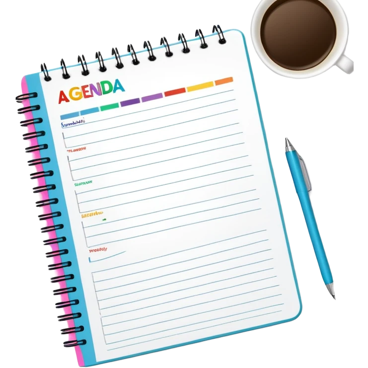 A colorful spiral notebook with 'AGENDA' at the top and bullet point items below it emoji