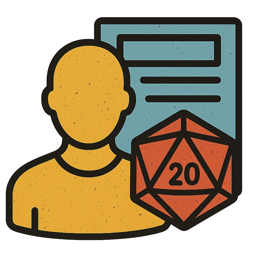 minimalist icon representing Player for DnD TTRPGs with silhouette, D20 dice, or character sheet, worn and distressed look emoji