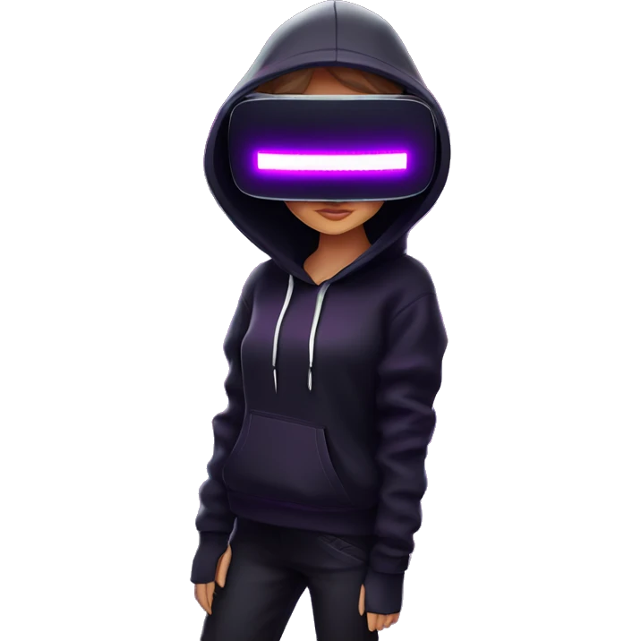 Russian girl wearing black hoody with violet letters "OMG", in vr headset. Cyberpunk style. Violet neon. emoji