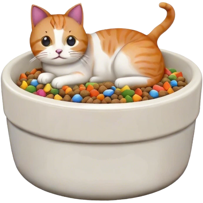 cat pet food bowl with, the food is piled on top of the bowl where it is so full. Make the kibble in the food bowl white with rainbow pieces emoji