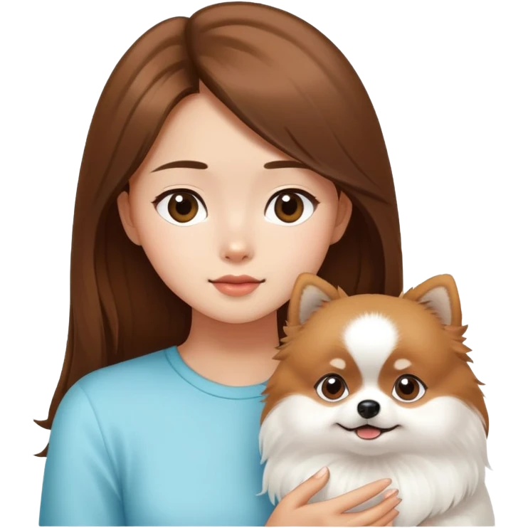 Brown hair asian girl look at one white Pomeranian  emoji