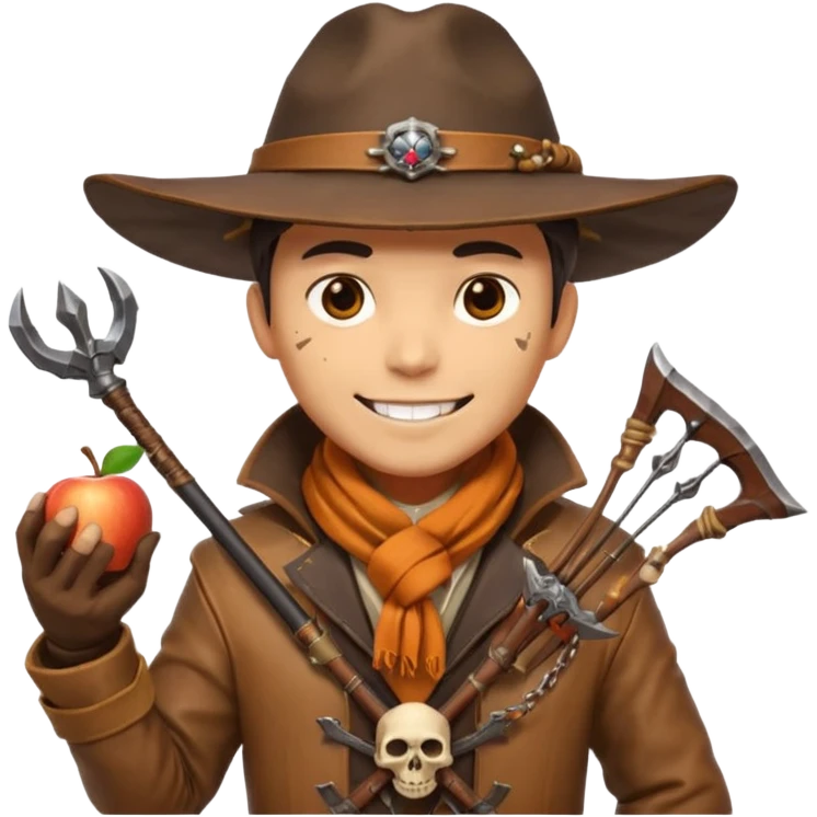 male human monster hunter emoji, wearing brown leather coat and wide hat, holding crossbow, with amulet shaped like skull, Halloween fantasy theme, confident smile, orange scarf, Apple emoji style, clean white background, square image emoji