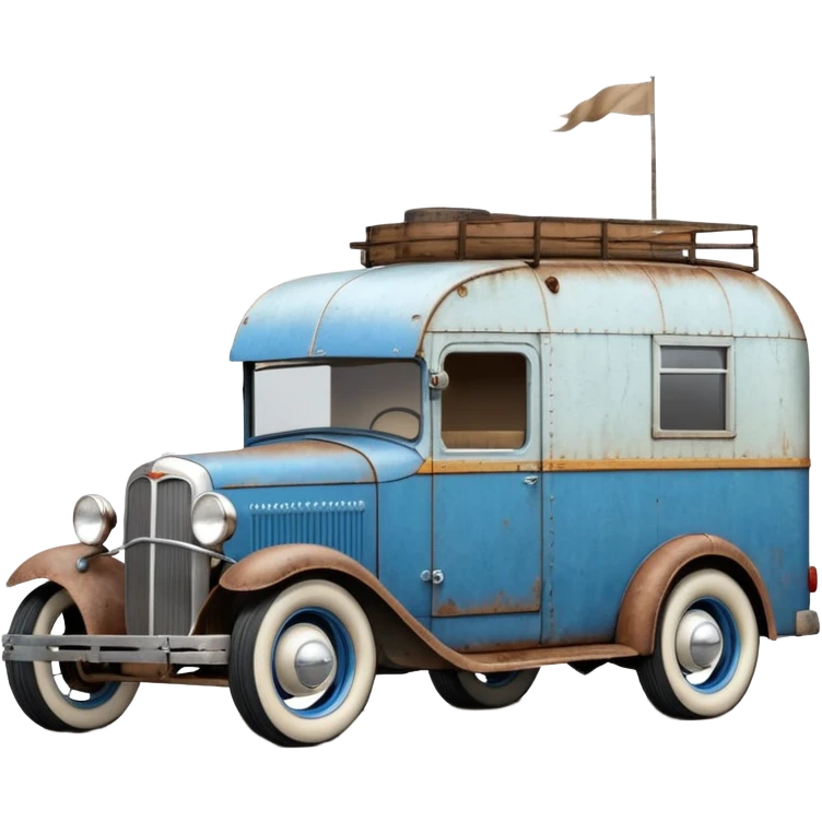 A 1934 ratty old antique rat Chevrolet hot rod caravan pulling behind it, a large matching trailer that’s blue and pearl  emoji