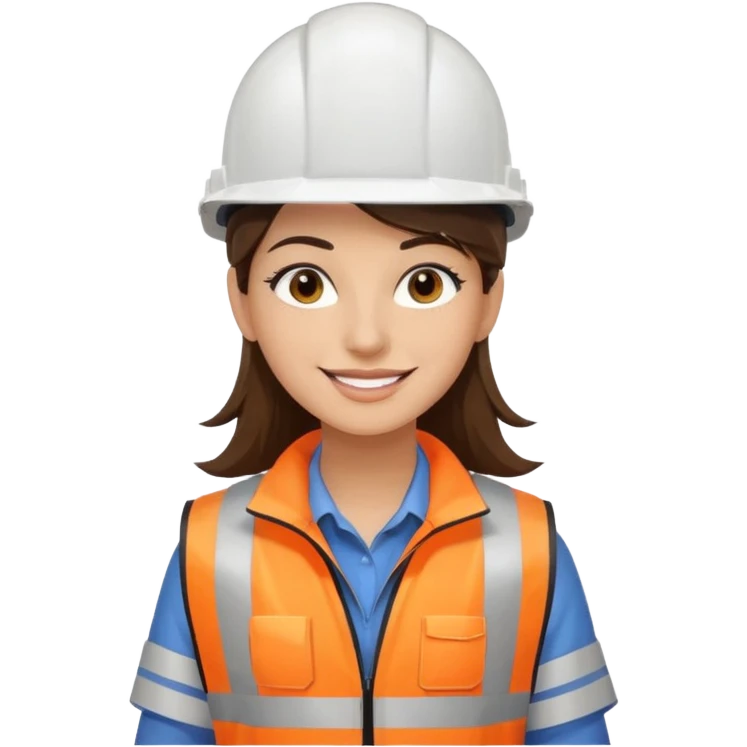 Arquitecta ojos marrones oscuros pestañas piel oliva pelo marron por los hombros sonrie casco blanco con material de dibujo técnico y chaleco reflectante emoji