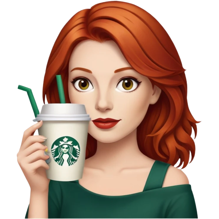 A 30-year-old red-haired woman with shoulder-length hair, heavy makeup, and a Starbucks cup in her hand. emoji