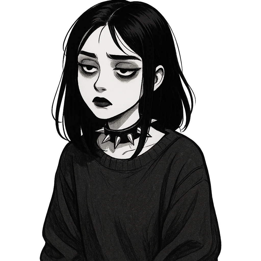 goth girl with black hair, pale skin, bored look, wearing spiked choker and oversized sweater emoji